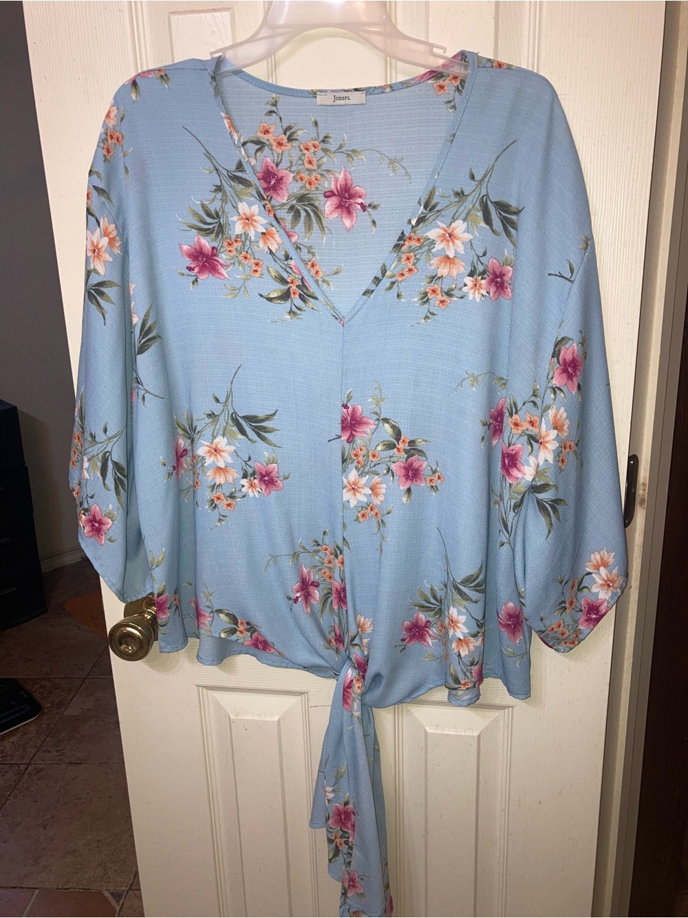 JODIFL Powder Blue Floral V-Neck Tie-Front Blouse